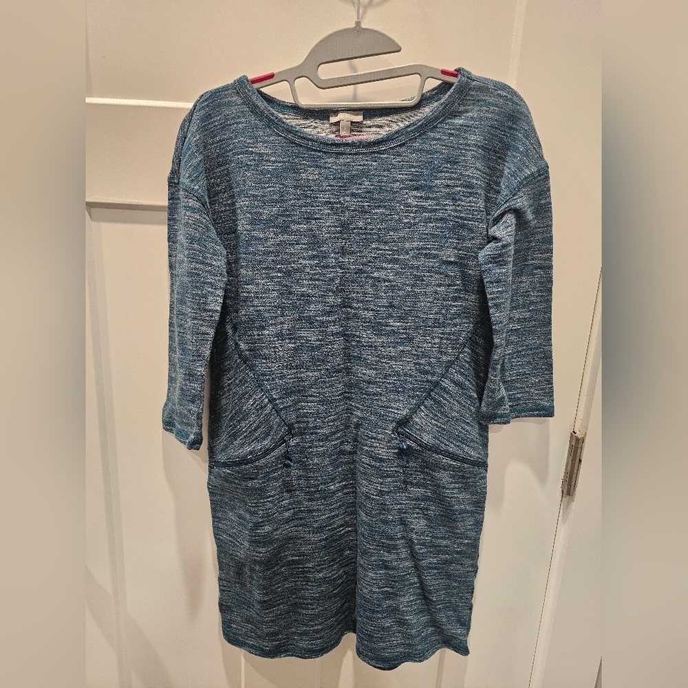 T by Talbots Petite Blue Space Dye Tunic Top P Zip Pockets 3/4 Sleeve Metallic
